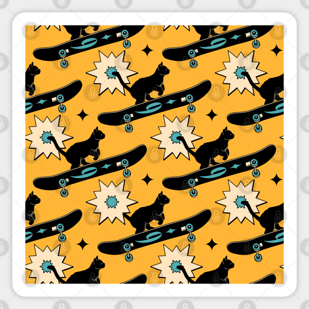 Cool Skater Black Cat Pattern in yellow Sticker by The Charcoal Cat Co.